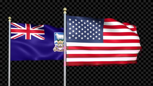 Falkland Islands and USA Flags Waving on Black Background