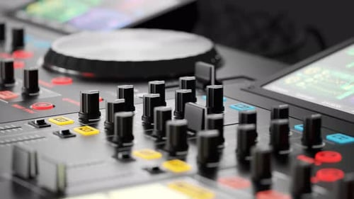 DJ Set in an endless. looping animation. Club music equipment in a studio lights