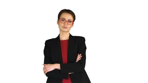 Young fashionable woman with folded hand on white background.