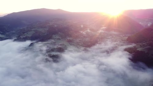 Sunrise Misty a Cloud Inversion in a Rural Valley in Mountain Rural Landscape