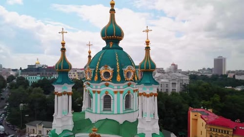 Aerial Top View of Saint Andrew's Church and Andreevska Street From Above in Kiev Ukraine
