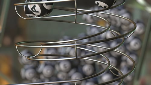 3D Lottery Balls Forming Game Word on Spiral Ramp