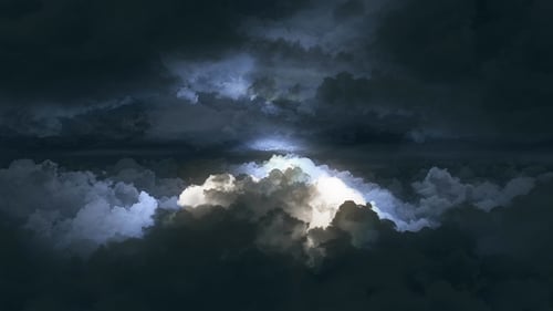 4K Flying Between Dark Storm Clouds with Lighnings