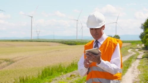 Energy Engineer Working on Digital Tablet Agains Windmills Farm