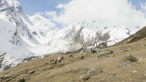 A Lot of Backpackers on the Trekking Larke Pass in Nepal. Manaslu Area