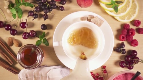 Tea Being Poured into White Teacup Overhead