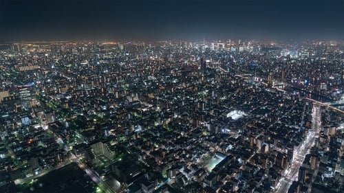 Tokyo, Japan, Timelapse - Shibuya at Night from the Sky Tree Tower Wide Angle
