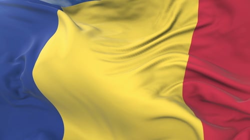 Realistic Romanian Flag Waving Against Blue Sky