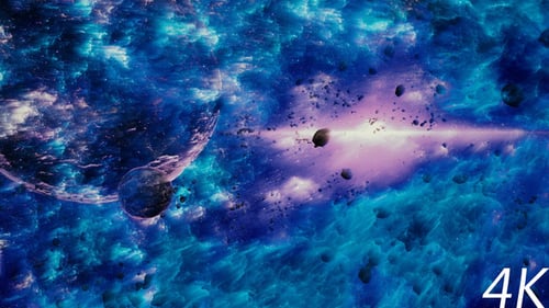 Voler à travers des nébuleuses abstraites près de la planète avec satellite et étoile brillent sur fond