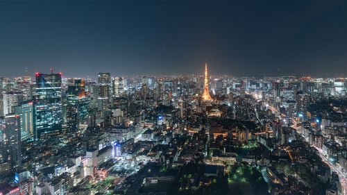 Tokyo, Japan, Timelapse - Tokyo's skyline from at night from the Mori Museum Wide Angle