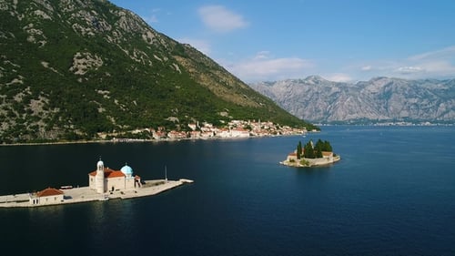 Aerial View of the Our Lady of the Rocks Church and Island of Sveti Djordje in the Kotor Bay Near