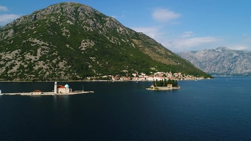 Aerial View of the Our Lady of the Rocks Church and Island of Sveti Djordje in the Kotor Bay Near