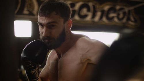 Boxer Training on Punching Bag in Gym. Sportsman Working with Punching Bag