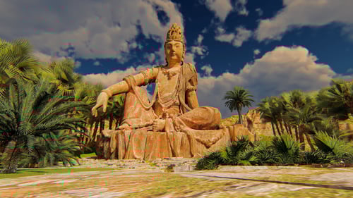 Giant Buddha Statue in Tropical Paradise with Panning Camera