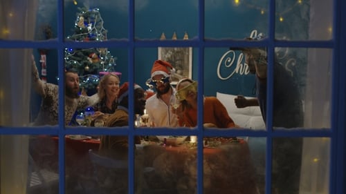 Friends Celebrating Christmas Seen Through Window