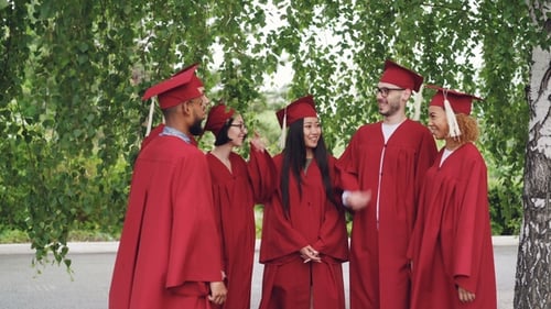Graduates Celebrate Together Outdoors in Caps and Gowns