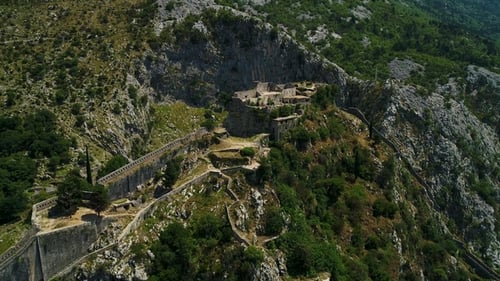 Aerial View at Historical Wall of Saint John Fortress in Kotor City on the Kotor Bay in Montenegro