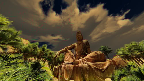 Ancient Buddha Statue in Serene Natural Landscape with Time-Lapse Sky