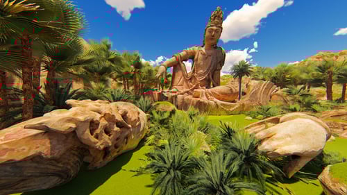 3D Animation of a Serene Buddha Statue in a Tropical Landscape