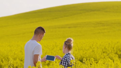 Farmers Discussing While Using Tablet Computer At Farm