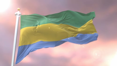 Gabon Flag Waving in Realistic Animation with Sunny Sky Background