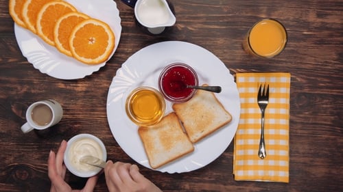 Overhead View of Breakfast Toast with Orange Juice