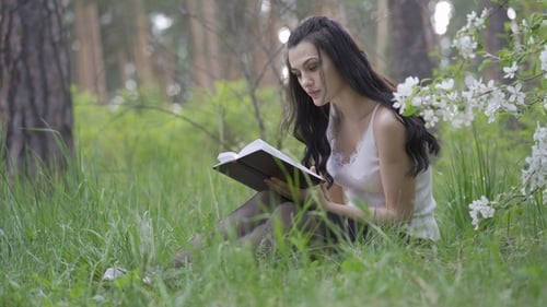 Woman Reading Book in a Peaceful Green Meadow