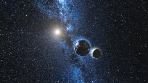 Sunrise View on Planet Earth and Moon Satellite