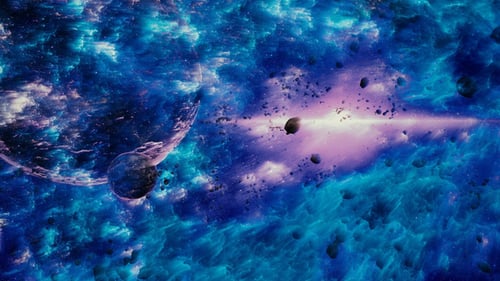 Flying Through Abstract Nebulae near Planet with Satellite and Star Shine on Background