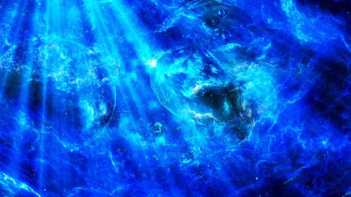 Abstrakter Weltraumnebula-Hintergrund mit rotierenden Planeten und Lichtstrahlen