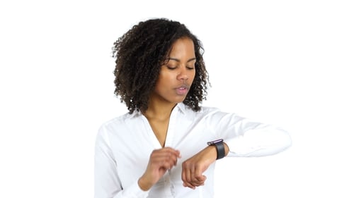 Woman Interacts With a Smart Watch, White Background