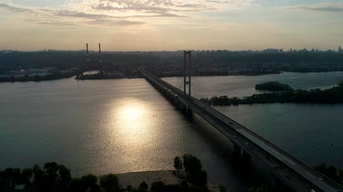 Aerial View of a City Traffic on the Bridge in the Evening.