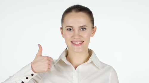 Smiling Woman Giving Thumbs Up on White Background