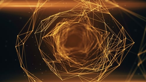 Flug durch digitalen Datentunnel aus digitalen Knoten und Verbindungswegen