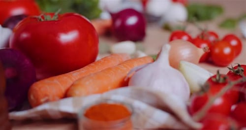 Close Up of Various Vegetables on Table Rotating