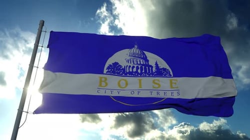 Boise City Flag Waving in the Wind with Blue Sky Background