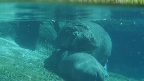 Hippos Relaxing Underwater in Clear River