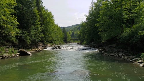 Aerial View of Mountain River in Summer.