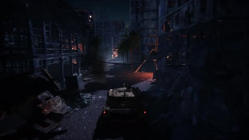 Military Tank Patrolling Destroyed City Street with Explosions