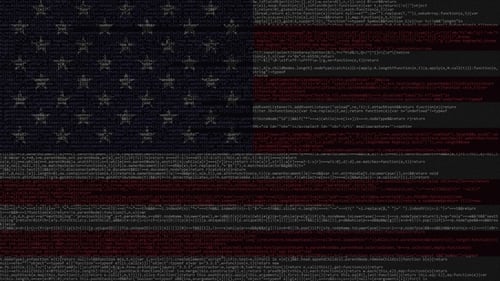 Digital American Flag with Scrolling Code Data Animation