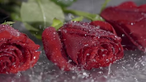 Rote Rose blüht im strömenden Regen in der Nacht in einer Wasserpfütze