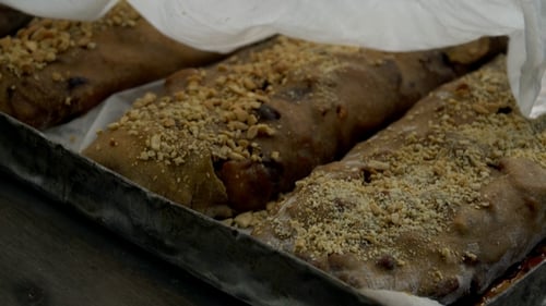 Baking Tray with Cooked Strudels. Homemade Pastry