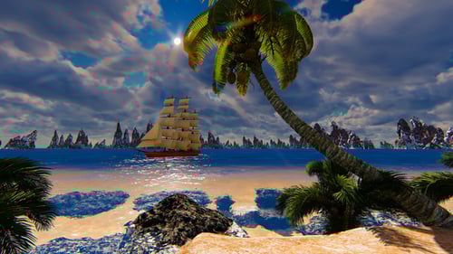 Sailing Ship on Tropical Ocean with Palm Trees Animation