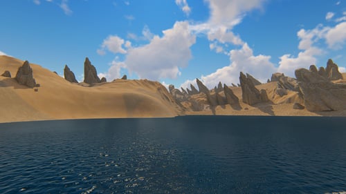 Exploring a 3D Desert Oasis with Rocky Formations and Underwater Dive