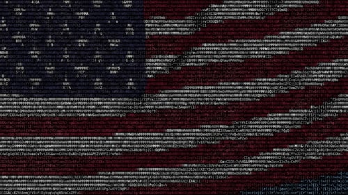 Futuristic American Flag Waving Made of Digital Code