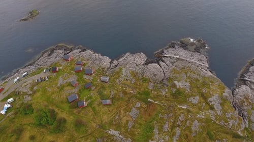 Aerial View of Fishing Village A in Lofoten Islands at Midnight Sun, Norway