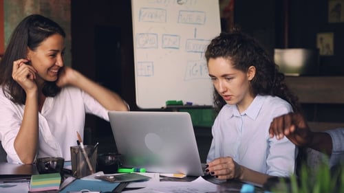 Female Coworkers Attractive Women Are Talking and Using Laptop Sitting at Desk in Shared Office