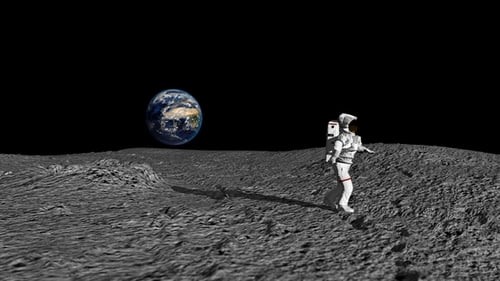 Astronaut Walking on Moon Surface with Distant Earth