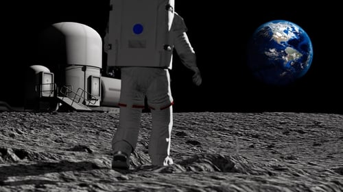 Astronaut Walks on Moon Towards Lunar Base with Earth View