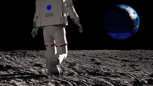 Astronaut Walks on Moon Surface Waving at Earth